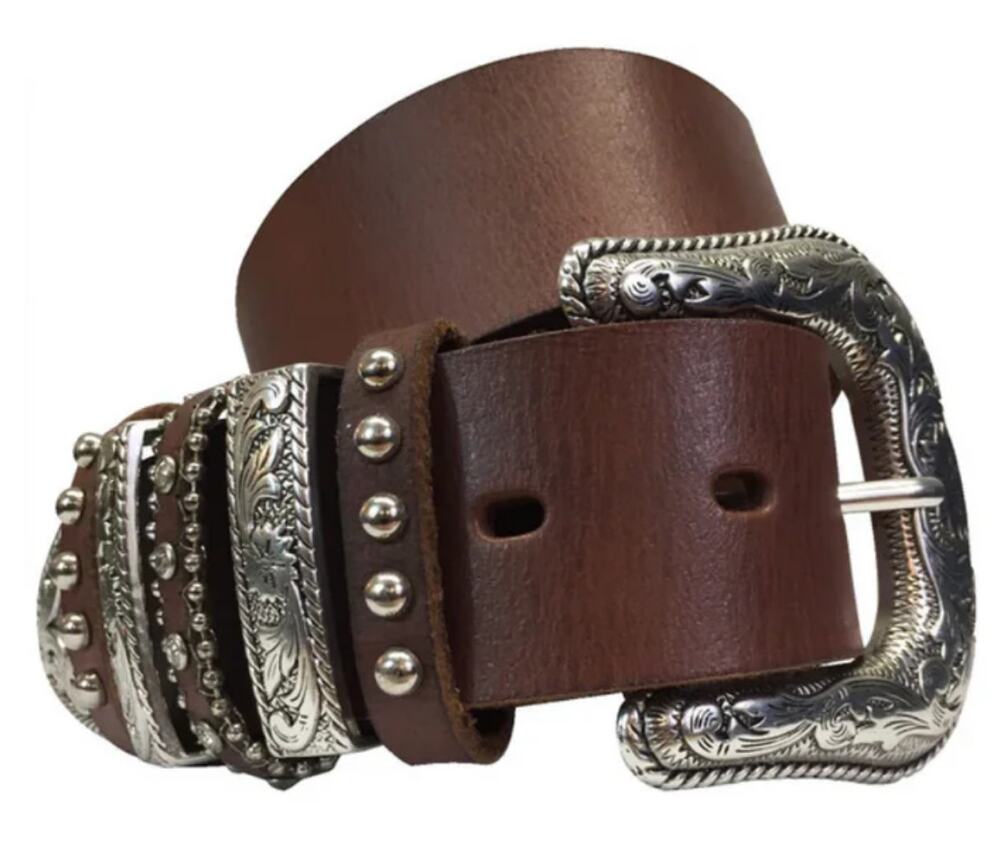 Nocona Multikeeper Belt Full Grain Leather Studded Dark Brown Silver M 32/34"